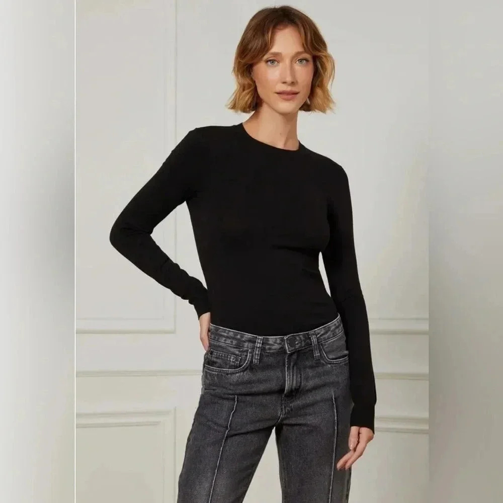 Animale Viscose Knit Ribbed Long Sleeve Stretch Black T-Shirt Women's Medium EUC